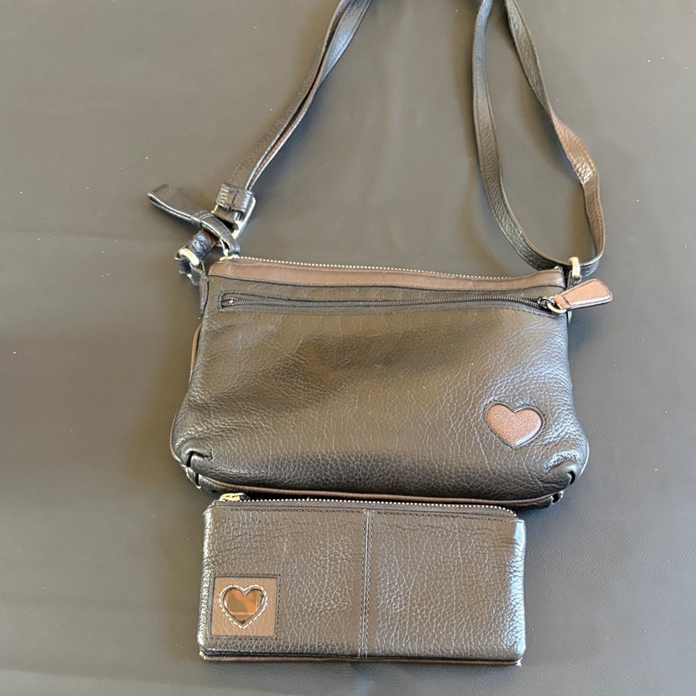 Brighton Black Leather Heart Patch Crossbody Purs… - image 3